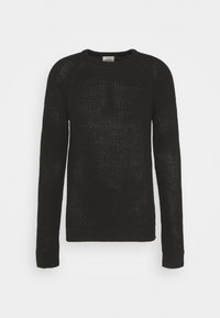 Černý pleten�ý svetr s dlouhými rukávy, kulatým výstřihem a volnou texturou, s širokými žebrovanými manžetami a spodním lemem.