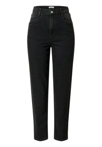 Schwarze Denim-Jeans mit hoher Taille, geradem Bein, Fronttaschen und Kontrastnähten. Verfügt über einen vorderen Knopf- und Reißverschluss.