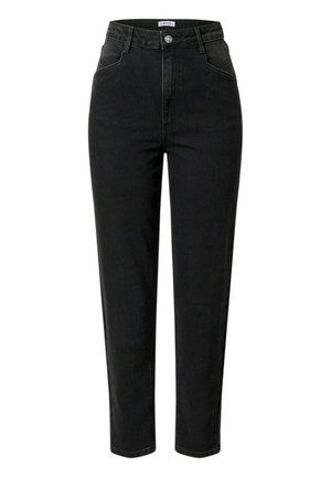 Schwarze Denim-Jeans mit hoher Taille, geradem Bein, Fronttaschen und Kontrastnähten. Verfügt über einen vorderen Knopf- und Reißverschluss.