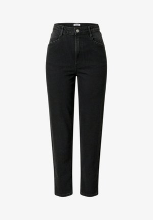 Schwarze Denim-Jeans mit hoher Taille, geradem Bein, Fronttaschen und Kontrastnähten. Verfügt über einen vorderen Knopf- und Reißverschluss.