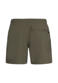 Pantaloncini da uomo verde oliva con vita elastica e tasca posteriore con cerniera sul lato destro, mostrati da dietro.