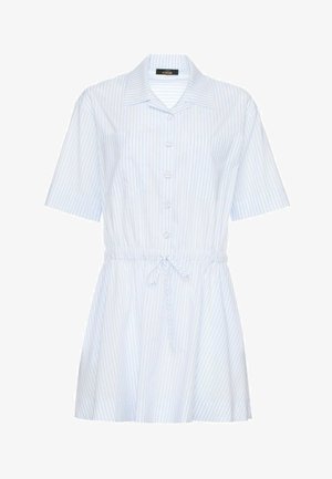 Vestito camicia a righe verticali azzurro chiaro e bianco con maniche corte, bottoni frontali e coulisse in vita.