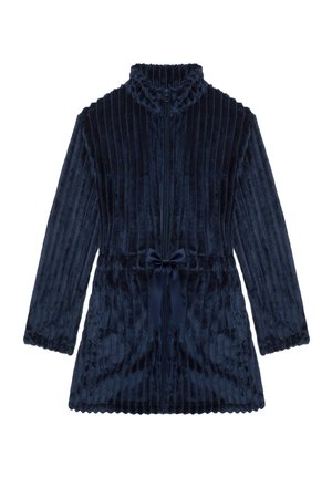 Kimono in velluto a coste di un blu navy, con colletto alto, chiusura con zip e una cintura in vita. Presenta un tessuto morbido e texturizzato. Maniche lunghe.