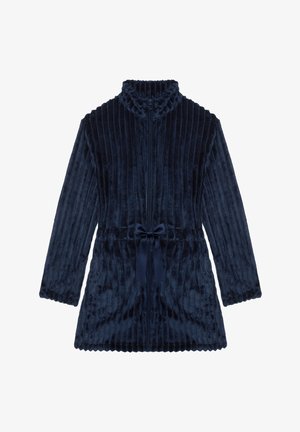 Kimono in velluto a coste di un blu navy, con colletto alto, chiusura con zip e una cintura in vita. Presenta un tessuto morbido e texturizzato. Maniche lunghe.
