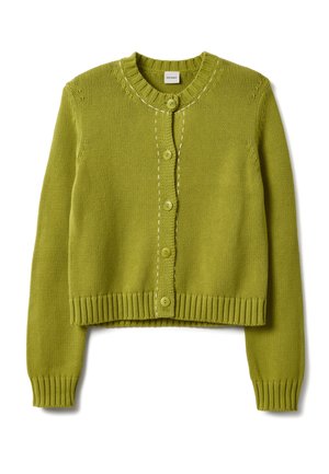 Grüne Strickjacke mit rundem Ausschnitt, Knopfverschluss und gerippten Bündchen. Verfügt über kontrastierende Nähte an der Vorderseite.