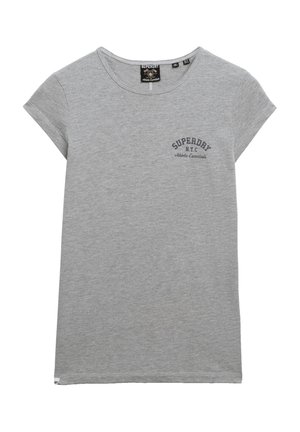 Graues Rundhals-T-Shirt aus weicher Baumwolle, mit kurzen Ärmeln und einem kleinen, dunkelblauen Logo auf der linken Brust.