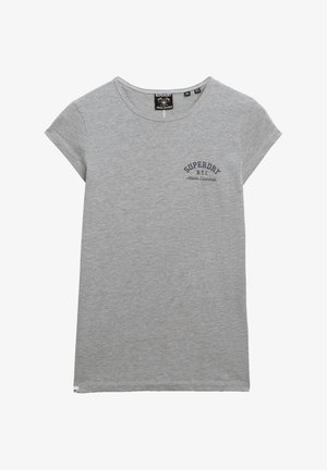 Grijze crewneck t-shirt gemaakt van zachte katoen, met korte mouwen en een klein bedrukt logo in donkerblauw op de linkerborst.