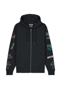 Hanorac negru cu fermoar realizat din amestec de bumbac, având grafice și text colorate pe mâneci și față, manșete ribbate și glugă cu șnur.
