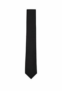 Nœud papillon noir en tissu lisse, présentant une forme étroite et allongée avec une extrémité pointue et sans motifs ni accents visibles.