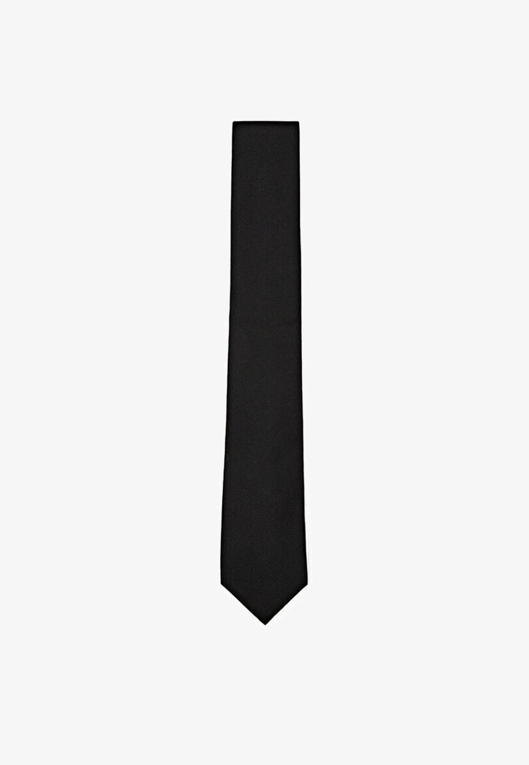 Black tie made of smooth fabric, featuring a narrow, elongated shape with a pointed end and no visible patterns or accents.