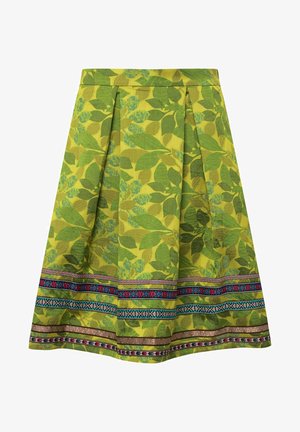 Gonna midi verde con motivo a foglie, caratterizzata da pieghe e un orlo decorativo con strisce orizzontali colorate e dettagli intricati.