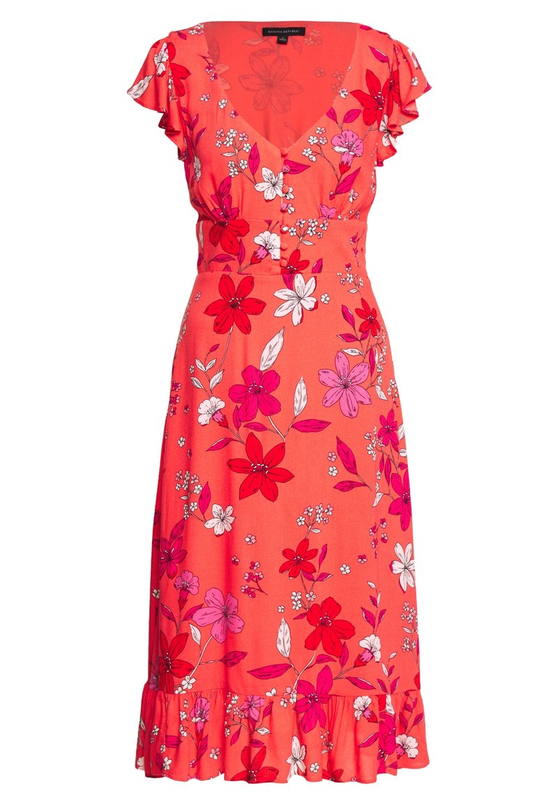 Robe midi corail avec imprimé floral rouge, rose et blanc, manches volantées, décolleté en V, boutons sur le devant et ourlet à volants.