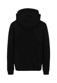 Musta huppari, joka on valmistettu pehmeästä kankaasta. Siinä on suuri huppu, pitkät hihat sekä ribbimäiset hihansuut ja helma. Näyttää takaa, eikä siinä ole näkyviä logoja.