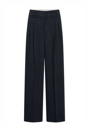 Navy blue pinstripe tailored trousers with belt loops and front pleats, featuring a straight wide-leg cut.