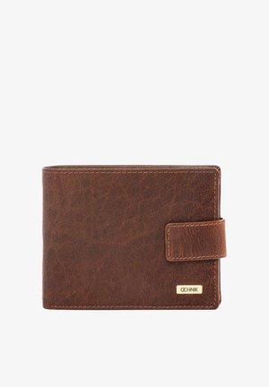 Brązowy skórzany portfel dwuczęściowy z obszytymi krawędziami i zapięciem na zatrzask, z małą metalową plakietką z wygrawerowanym napisem "OCHNIK".