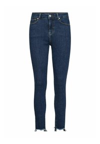 Chudé džínsy v tmavo modrej denimovej látke s vysokým pásom, so zapínaním na gombík, piatimi vreckami a rozstrapkanými okrajmi pri členkoch.