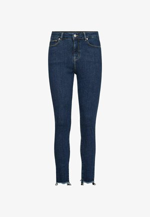 Jeans skinny in denim blu scuro con vita alta, dotati di chiusura con bottone, cinque tasche e orli sfrangiati alle caviglie.