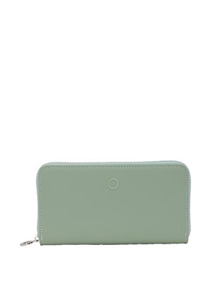 Portafoglio zip-around verde chiaro realizzato in pelle liscia, con un motivo circolare sulla parte anteriore e cuciture a contrasto lungo i bordi.