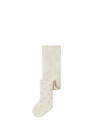 Cream-colored baby tights with small, light pink heart patterns on the foot and lower leg.