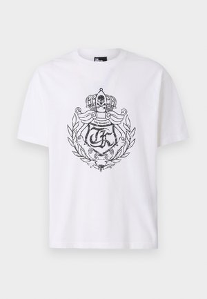 White cotton t-shirt featuring a black graphic design with a crown and laurel leaves, and the text "The Kooples" prominently displayed.