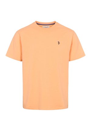 Baumwoll-T-Shirt in hellorange, kurzärmelig, mit rundem Ausschnitt, versehen mit einem kleinen gestickten Logo auf der linken Brustseite. Glatte Textur.
