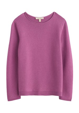 Maglione viola lavorato a maglia con scollo tondo, texture a costine e maniche lunghe con orlo dritto. Tessuto leggero con un motivo sottile.