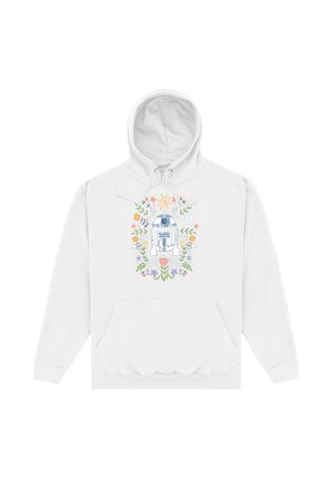 Weißer Hoodie mit R2-D2 Droid, umgeben von bunten handgezeichneten Blumen und Sonne in der Mitte vorne, mit Fronttasche und Kordelzug an der Kapuze.