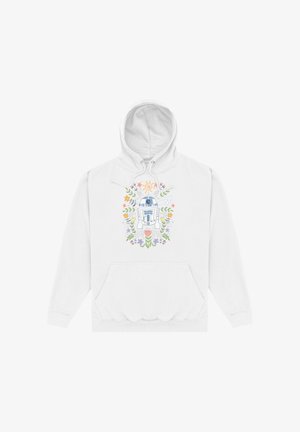 Biała bluza z kapturem z droidem R2-D2 otoczonym kolorowymi, ręcznie rysowanymi kwiatami i słońcem na środku przodu, z przednią kieszenią i kapturem ze sznurkiem.