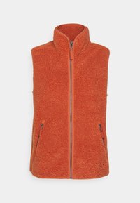Gilet in pile arancione con colletto alto, zip frontale completa e due tasche laterali. Superficie testurizzata con una sensazione morbida e pelosa.