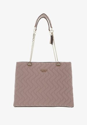 Borsa a tracolla trapuntata di colore rosa chiaro con catena, caratterizzata da una texture liscia, finiture in argento e logo impresso sul fronte.