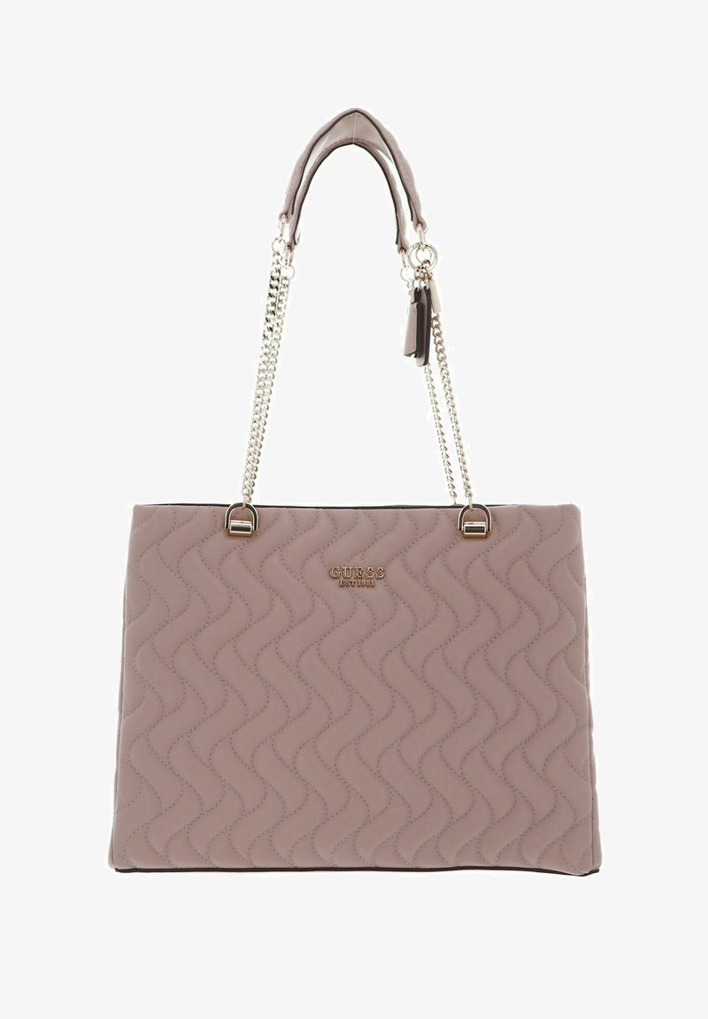 Borsa a tracolla trapuntata di colore rosa chiaro con catena, caratterizzata da una texture liscia, finiture in argento e logo impresso sul fronte.