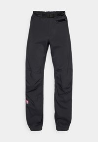 Musta ulkoiluhousut vedenkestävistä materiaaleista. Ominaisuuksiin kuuluu vyö, sivupistotasku ja logopatchi lahkeessa.