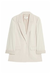 Blazer color beige chiaro realizzato in tessuto morbido, con chiusura a un bottone, reverse con taglio dritto e due tasche frontali con polsini piegati.