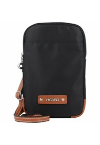 Schwarze Nylon-Crossbody-Tasche mit einem Reißverschluss, braunen Lederakzenten und einem gewebten Tragegurt. Verfügt über eine Logo-Plakette und eine Fronttasche.