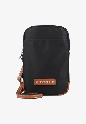 Zwarte nylon schoudertas met een ritssluiting, bruin leren accenten en een geweven schouderband. Voorzien van een logoplaat en een voorvak.