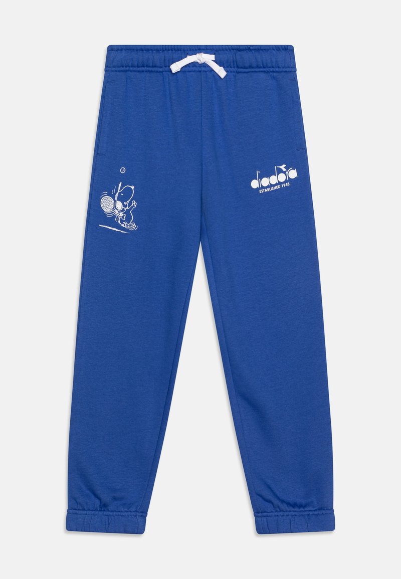 Blue cotton sweatpants with elastic waistband and drawstring, featuring a white cartoon print and logo on the left leg.
