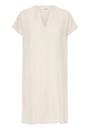 Beiges knielanges Kleid mit kurzen Ärmeln, V-Ausschnitt und geradem, lockerem Schnitt.