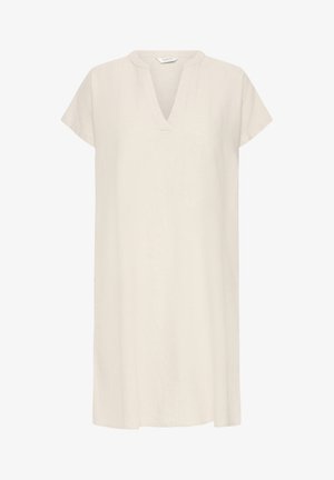 Beżowa sukienka o krótkich rękawach, sięgająca do kolan, z dekoltem w serek i prostym, luźnym krojem.