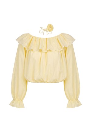 Hellgelbe schulterfreie Bluse mit Lochspitzen-Volantkragen, langen Puffärmeln, elastischen Bündchen und passendem Blumen-Haaraccessoire.