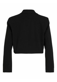 Krátký černý blazer z hladké látky, s dlouhými rukávy, špičatým límcem a čistým zadním designem bez viditelných zapínání.