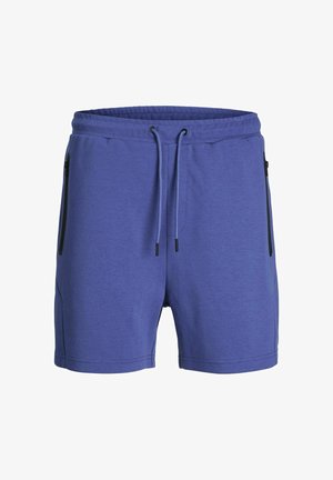 Férfi kék sportnadrág puha anyagból, elasztikus derékkal, zsinórral és két cipzáras oldalzsebbel.