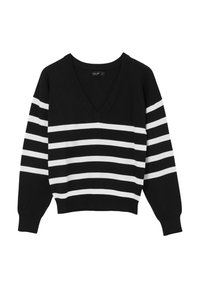 Maglione nero a V con strisce bianche orizzontali, polsini e orlo a costine, e una vestibilità rilassata. Realizzato in morbido tessuto a maglia.