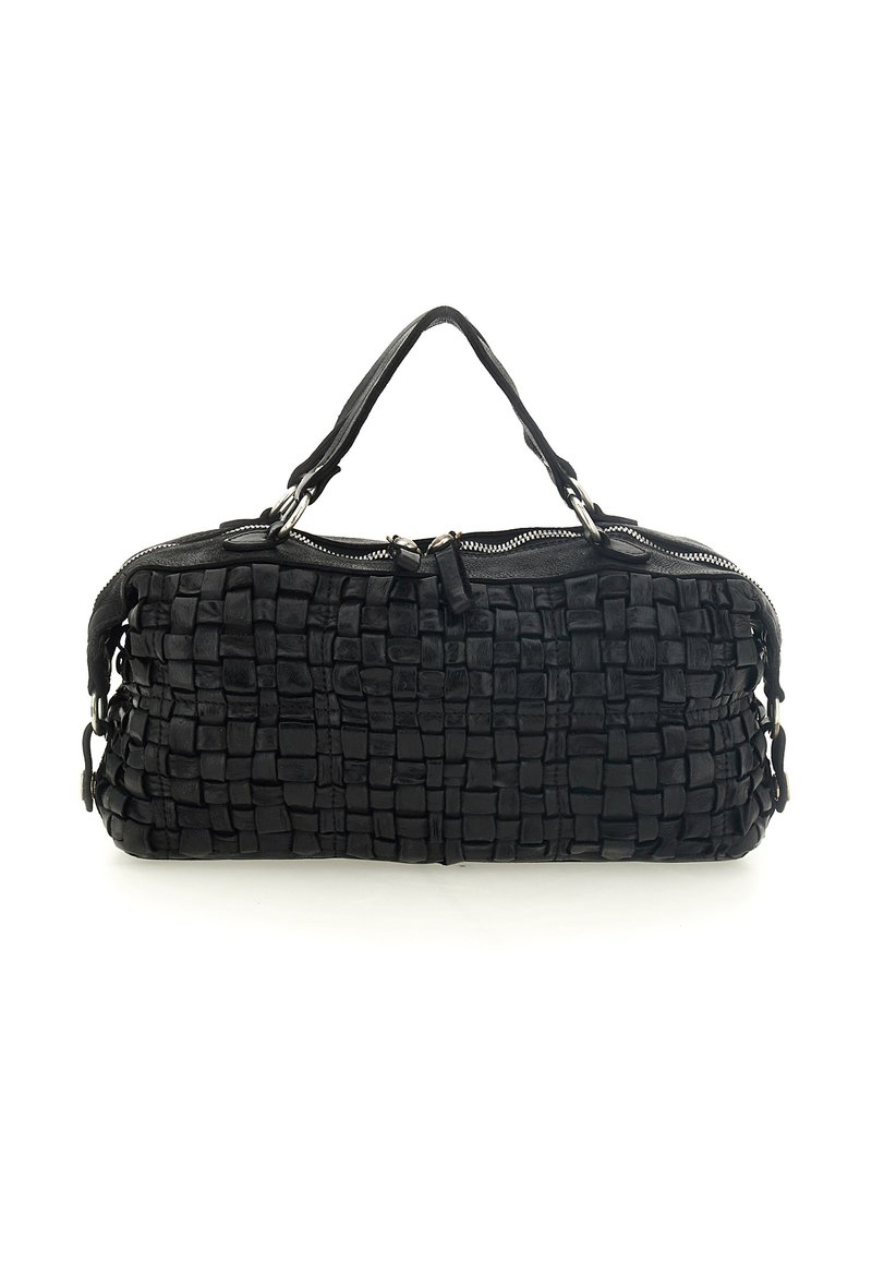 Borsa in pelle nera intrecciata con forma rettangolare, doppi manici, chiusura con cerniera, superficie testurizzata e dettagli in metallo.