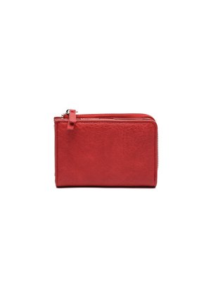 Red leather wallet with a textured surface, minimalist rectangular design, and a zip closure that features a small pull tab.