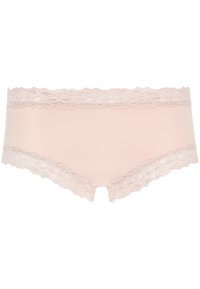 Bragas hipster de color rosa claro con borde de encaje floral, tejido suave, bordes festoneados y un brillo sutil en el encaje. Sin adornos adicionales.