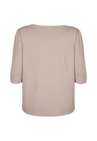 Maglione beige lavorato a maglia con maniche corte, scollatura rotonda e orlo a costine. La texture appare morbida e liscia, con una vestibilità rilassata.