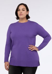 Purppuran värinen pitkähihaine neulepaita, jossa on ribattuja helmaa ja hihojen suut. Varustettu vetoketju-yksityiskohdilla ranteissa. Valmistettu sileästä ja pehmeästä kankaasta.