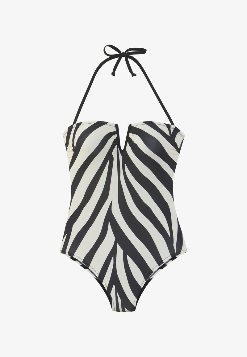 Mustvalge zeebratriibuline ühes tükis ujujakostüüm V-kaelusega ja kaelarihmadega. Sile, veniv kangas ja sobiv disain.