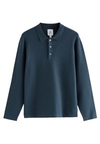 Navy blue long-sleeve polo shirt made of soft fabric, featuring a collared neck, four button placket, and a relaxed fit.