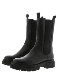 Schwarze Lederstiefeletten mit elastischen Seitenpaneelen, robusten Gummisohlen und Zuglaschen oben für einfaches Anziehen. Insgesamt glatte Textur.
